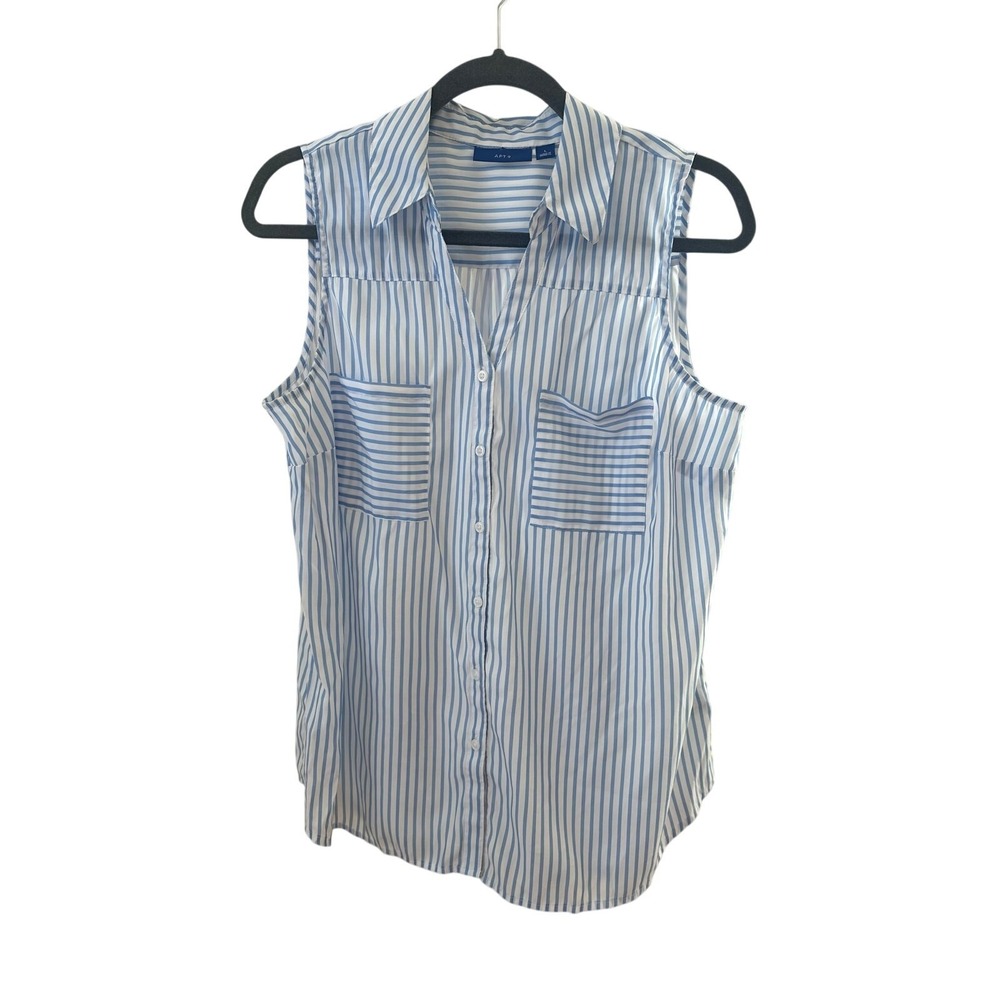 Apt. 9 Womens Blue White Striped Sleeveless Button Down Blouse L Coastal, Spring